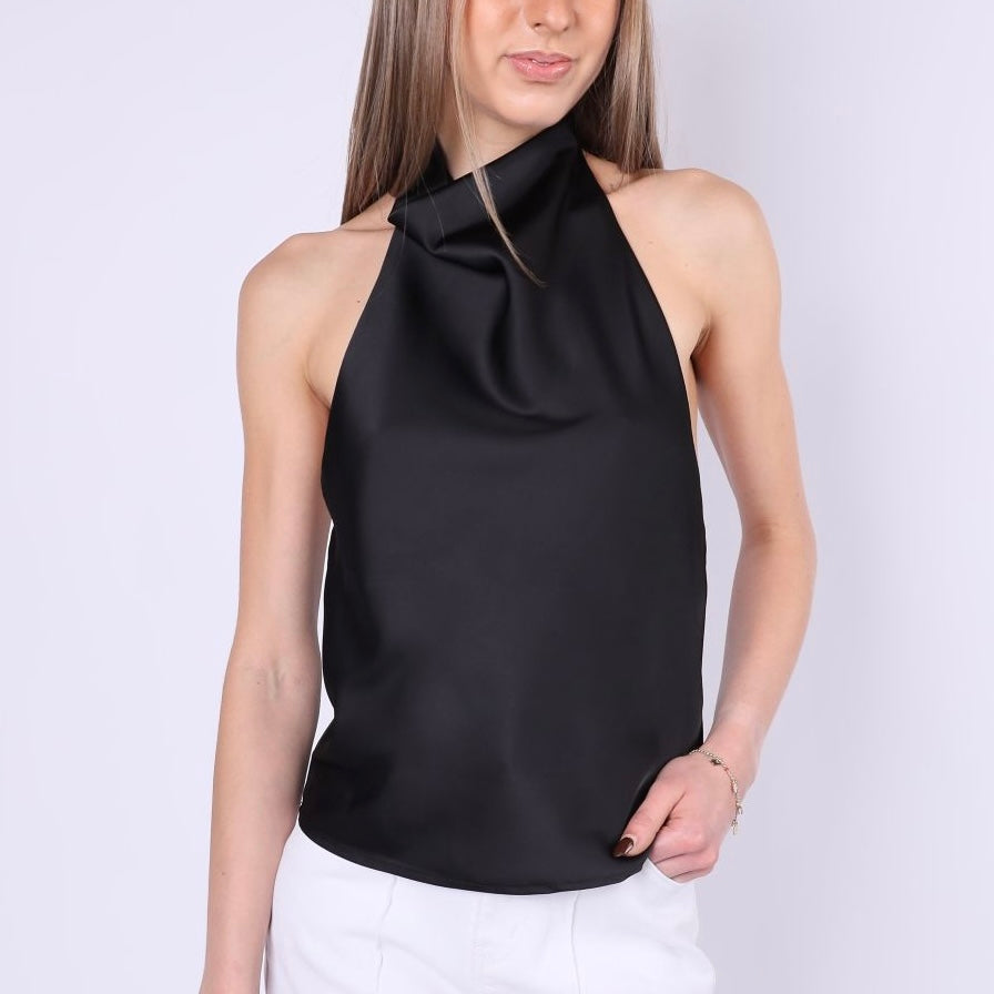 Satin Halter Neck Top – Black